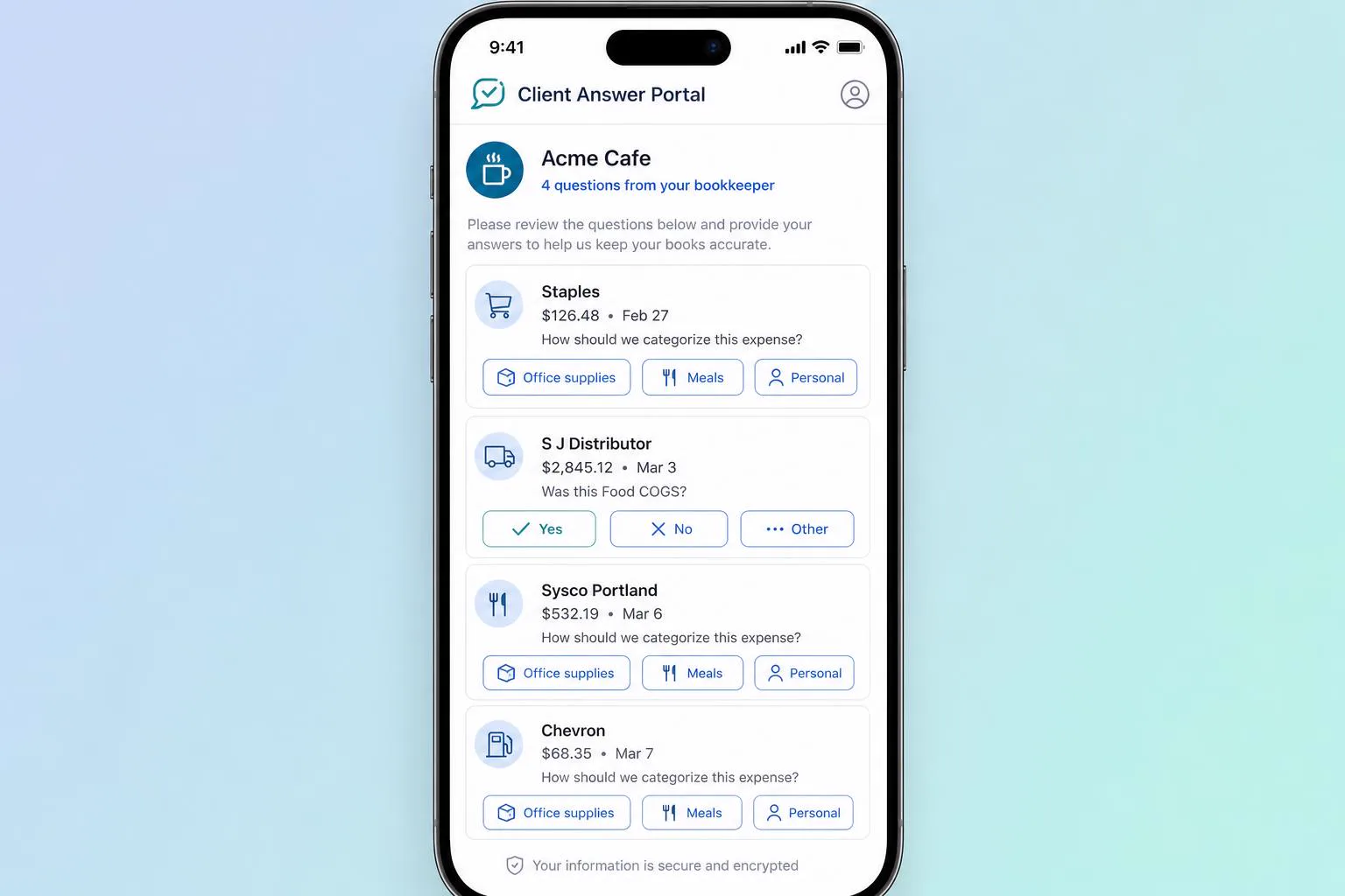 Mobile client answer portal with tap-to-answer category buttons